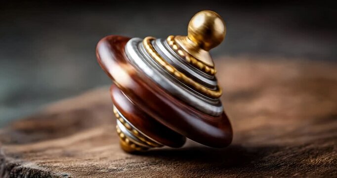 Wooden Dreidel Spinning on Polished Table with Motion Blur