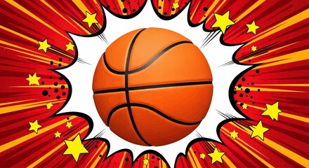 Dynamic pop art basketball illustration on a retro comic background with sunburst explosion rays for a sport championship