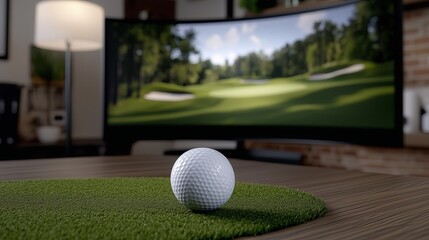 Virtual golf experience setup with a ball on a green surface in a home
