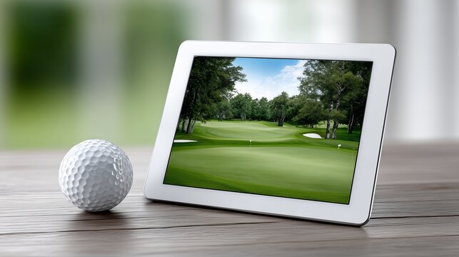 Golf tournament being displayed on a tablet with a ball on wooden table