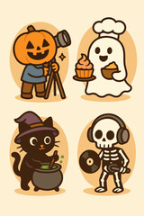 Halloween Character Bundle — Pumpkin Cameraman, Ghost Chef, Witch Cat & Skull Headphones Set