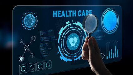 Digital health care technology and medical data dashboard concept. An interface for patient information, diagnostics, and monitoring health records. Motif