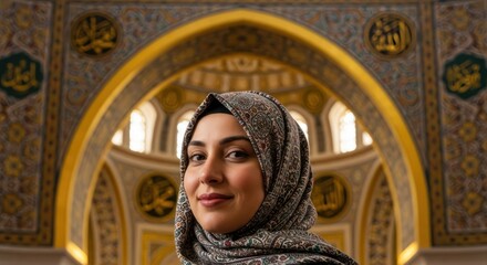 Portrait of a muslim woman wearing a hijab inside a beautifully decorated mosque with golden