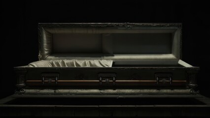 Open Coffin in Dark Room, Somber Funeral Setting.