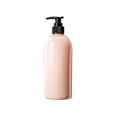 A blush-pink, opaque bottle with a black pump dispenser, isolated on a black background