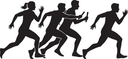 Group of diverse athletes running a race in a dynamic silhouette isolated on white background