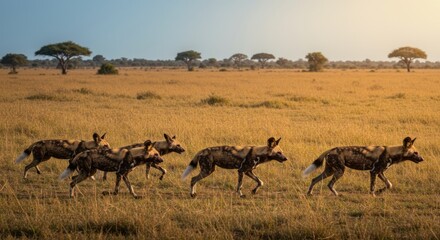 African wild dog standing on savanna, endangered predator with unique patterned fur, perfect for wildlife, safari, and conservation themes.