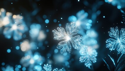 Fototapeta premium Background with snowflakes, in blue and white colors, with glowing light effects, a falling snow effect, a vector illustration, a simple design, on a dark background, high resolution, high quality