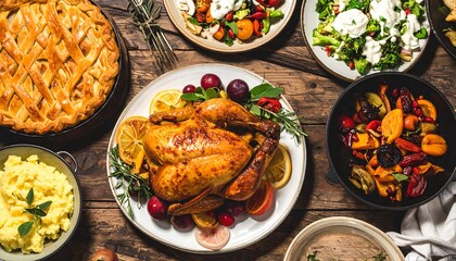 Festive Thanksgiving Dinner Roasted Turkey Pie and Sides on Wooden Table