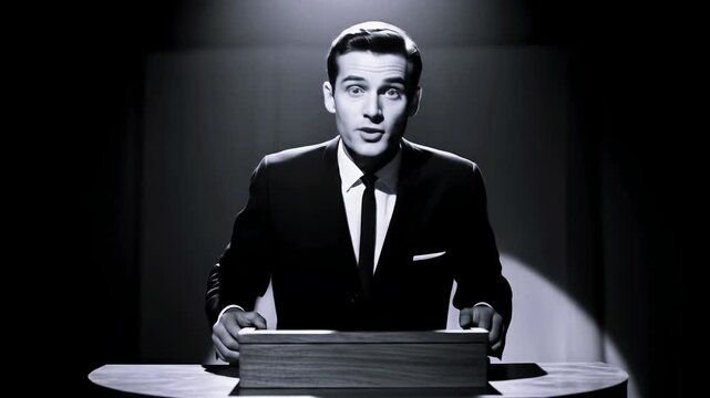 A man in a suit stands behind a lectern on a dim stage, illuminated by a spotlight, grayscale mood.!