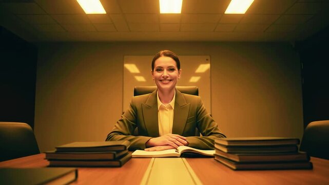 A confident woman in a suit sits at a long conference table,  flanked by stacks of books  and papers