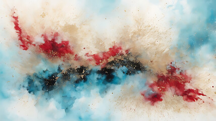 Dynamic Abstract Red Blue Gold Ink Splash Background with AI Digital Art