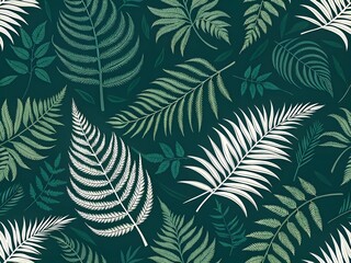 Seamless Tropical Palm Leaf Vector Pattern in White on Coral Background &ndash; 4K High Resolution, Fabric AOP design,  Elegant Seamless Vector Background of White Palm Fronds on Bold Colored Backgrounds.