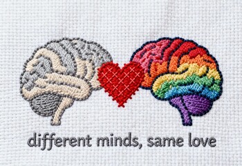 Embroidered brains in gray and rainbow with red heart and text different minds same love representing neurodiversity support and emotional acceptance
