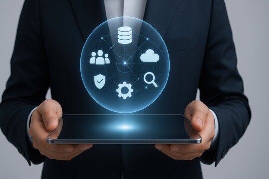 Businessman holding tablet with holographic sphere of cloud computing data security and analytics icons
 - Powered by Adobe