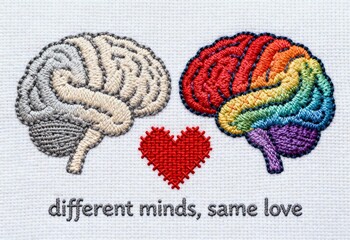 Embroidered brains in gray and rainbow with red heart and text different minds same love representing neurodiversity support and emotional acceptance