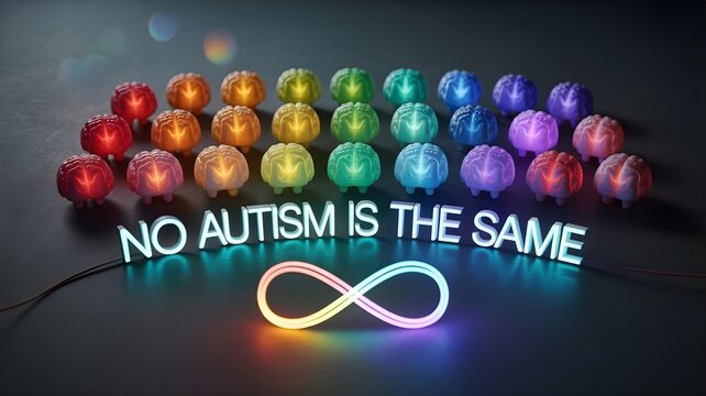 No autism is the same message with glowing text and multiple colorful brain models on dark background symbolizing neurodivergent identity and individuality