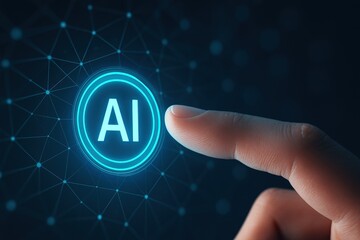 Finger pressing glowing AI button on futuristic digital interface representing artificial intelligence

