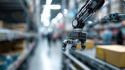 Closeup of a robots precise gripper placing items on shelves the machines advanced sensors and joints in focus with the retail environment blurred behind