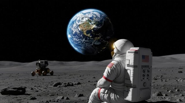 astronaut in white suit with an American flag patch sits on the rocky lunar surface gazing at vibrant Earth showing continents and city lights A rover is distant