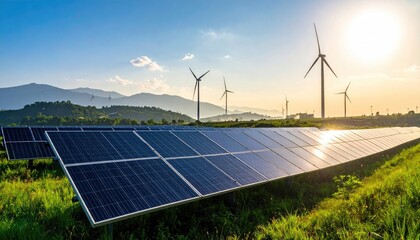 Solar Panels and Wind Turbines at Sunrise with Golden Sky Energy Production Green Meadow Sustainable Technology Renewable Resources Clean Energy