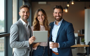 Confident colleagues standing together holding digital tablet and cup of coffee in modern office. Portrait of businesspeople looking at camera, smiling. Successful business concept. High quality
