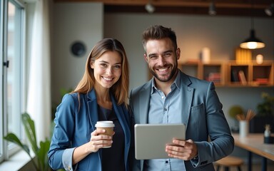 Confident colleagues standing together holding digital tablet and cup of coffee in modern office. Portrait of businesspeople looking at camera, smiling. Successful business concept. High quality