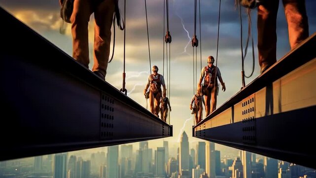 Climbers harnessed on a suspended steel bridge, hover above distant cityscape under fierce lightning