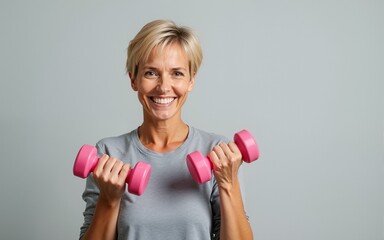 A middle-aged Caucasian woman with short blonde hair wearing a gray shirt, smiling and holding two pink dumbbells. High quality