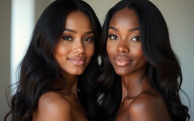Two black women with long hair posing for a photo. High quality