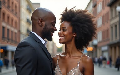 Man with afrian american woman together in the city outdoors. High quality