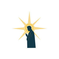 Praying figure with halo star. Silhouette praying with radiant starburst, devotion, worship, peace.