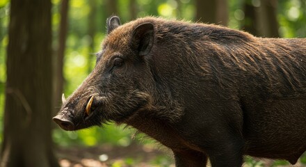 Wild boar in forest habitat, strong mammal with tusks and coarse fur, symbol of wilderness and survival, perfect for wildlife and nature themes.