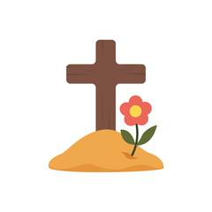 Gravesite  cross and flowers. Cross on a small mound with a bloom, memorial, tribute, cemetery motif.