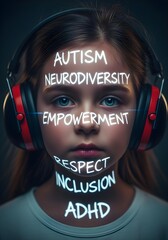 Young girl wearing glowing headphones and shirt with neon text about autism ADHD neurodiversity and inclusion in futuristic lighting environment