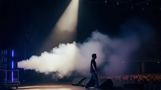 performer walks across smoke-filled stage illuminated by bright spotlight Audio equipment including line array and floor monitors surrounds the scene A large audience sits in the dark background