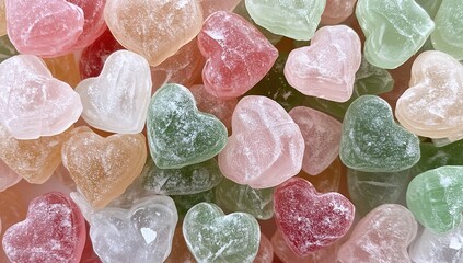 Close-up of pastel pink, green, and white heart-shaped candies in the shape of hearts.