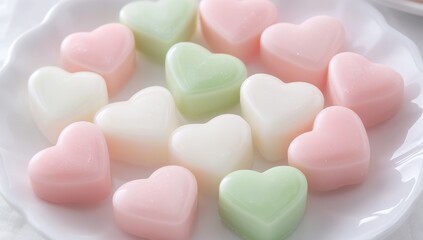 Close-up of pastel pink, green, and white heart-shaped candies in the shape of hearts.