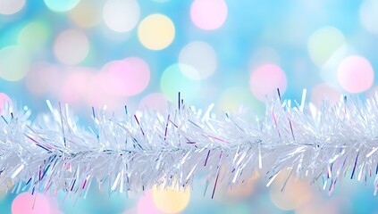 Close-up of shiny white tinsel against a pastel blue background with blurred lights, pastel rainbow colors, pastel aesthetic, sparkly