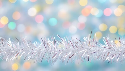 Close-up of shiny white tinsel against a pastel blue background with blurred lights, pastel rainbow colors, pastel aesthetic, sparkly