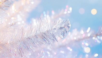 Close-up of shiny white tinsel against a pastel blue background with blurred lights, pastel rainbow colors, pastel aesthetic, sparkly