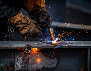 Close up of a welders hands working on metal with sparks flying.