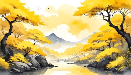 A serene landscape painting showcases a tranquil river valley, filled with vibrant yellow foliage, dark mountains and a delicate bridge.