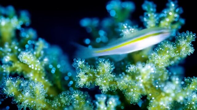 Vibrant small fish swims amongst coral reef in ocean environment