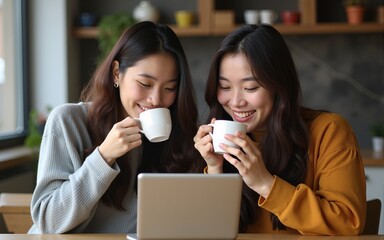 We have to watch these videos. Shot of two female friends drinking coffee while using a digital tablet. High quality