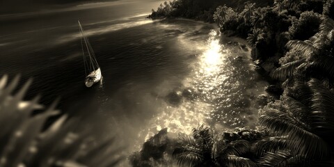 Sailing quietly under night sky along tropical coast illuminated by moonlight with waters reflecting stars
