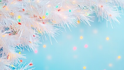 Close-up of white tinsel with colorful lights on a pastel blue background.