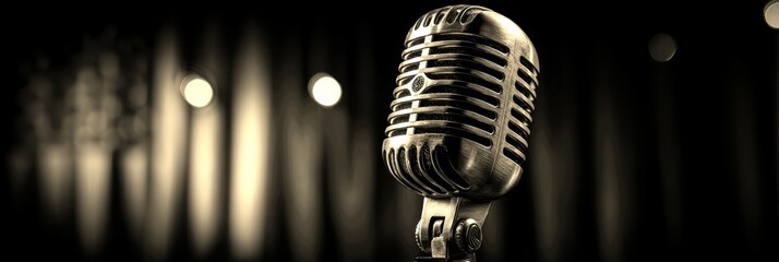 Vintage microphone stands ready for performance against a backdrop of an American flag