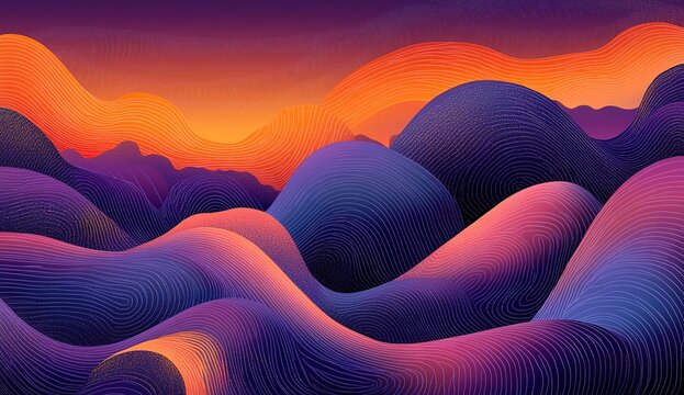 Colorful abstract background with wavy shapes, vector illustration in a flat design style. The artwork features a colorful gradient with a purple and orange color theme, and dark blue shadows.