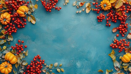 Colorful autumn background with fall leaves and pumpkins on a turquoise blue textured backdrop, with space for text. Top view of a colorful abstract autumn frame made from red rowan berries